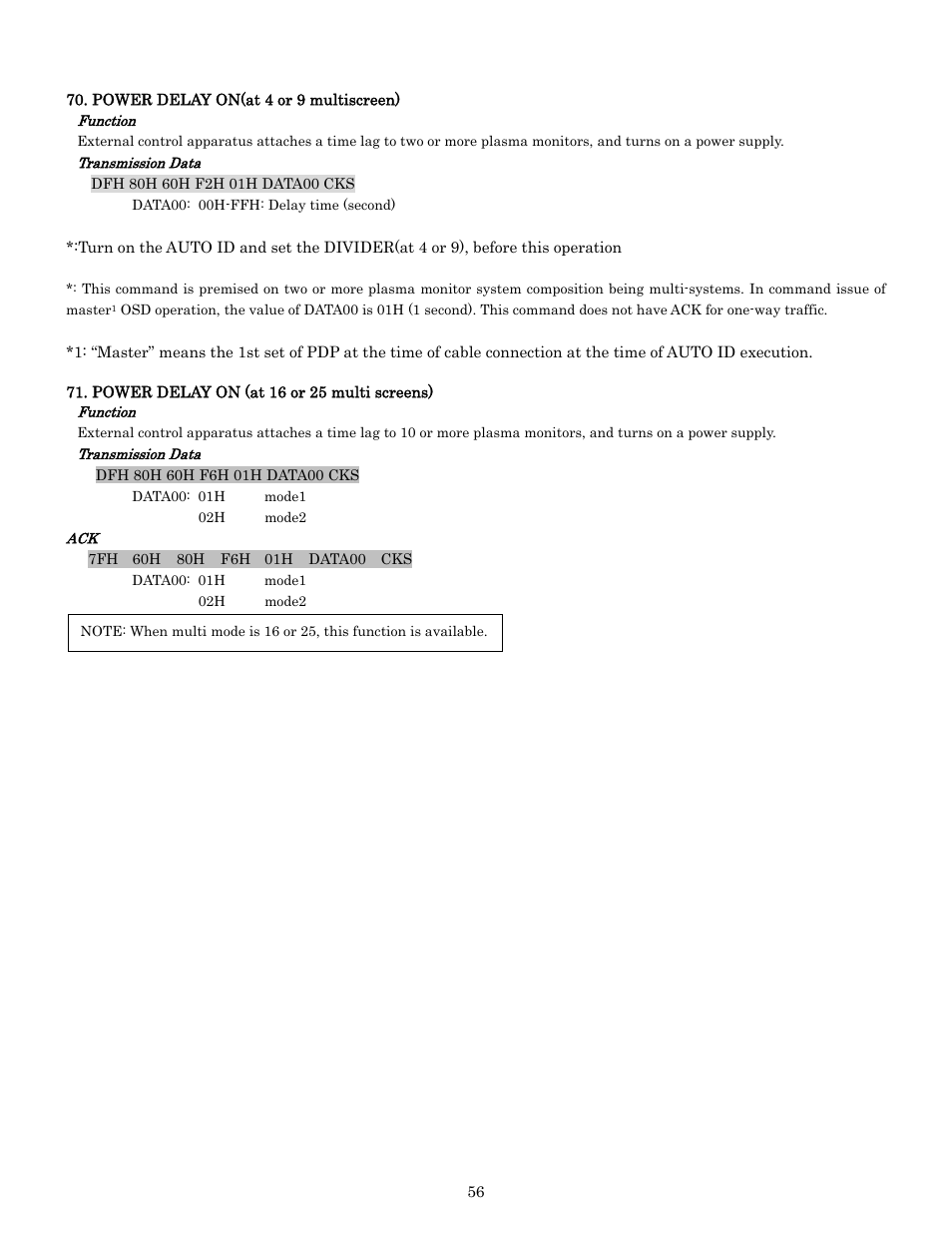 Power delay on(at 4 or 9 multiscreen), Pdp-614mx external control manual | Pioneer PDP-614MX External Control Manual RS-232C User Manual | Page 56 / 60