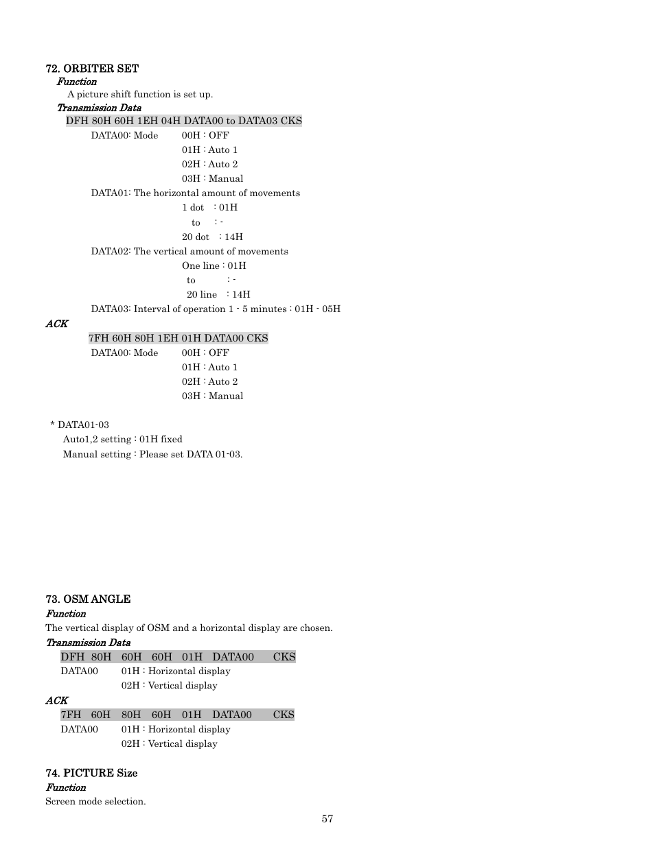 Orbiter set, Osm angle, Picture size | Pdp-614mx external control manual | Pioneer PDP-614MX External Control Manual RS-232C User Manual | Page 57 / 60