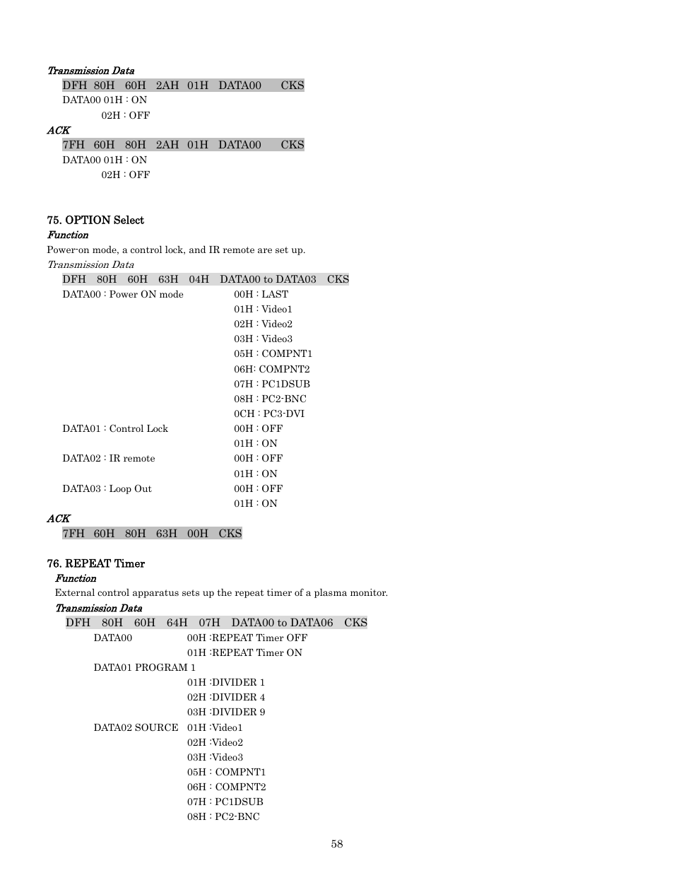 Option select, Repeat timer, Pdp-614mx external control manual | Pioneer PDP-614MX External Control Manual RS-232C User Manual | Page 58 / 60