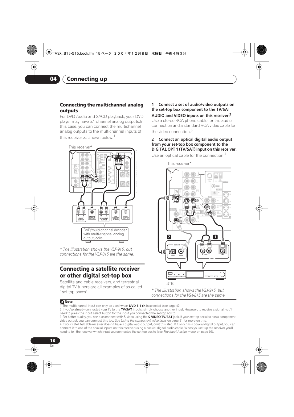 Connecting the multichannel analog outputs, Connecting up 04, Use an optical cable for the connection | This receiver, 1 the multichannel input can only be used when, Dvd 5.1 ch, Is selected (see page 42), 2 if you've already connected your tv to the, Tv/sat, S-video | Pioneer 915 User Manual | Page 18 / 76