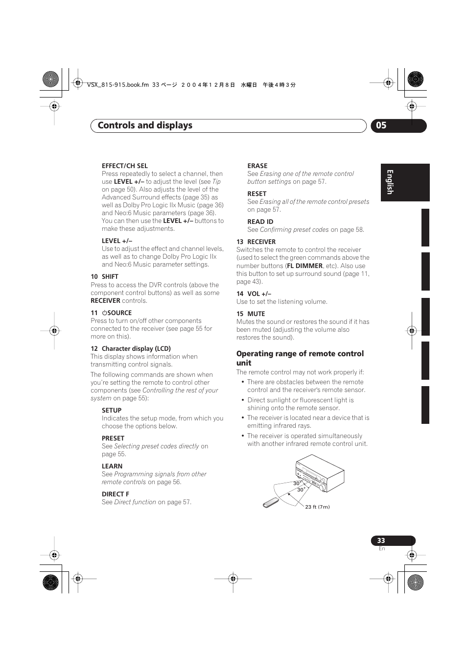 Operating range of remote control unit, Controls and displays 05 | Pioneer 915 User Manual | Page 33 / 76