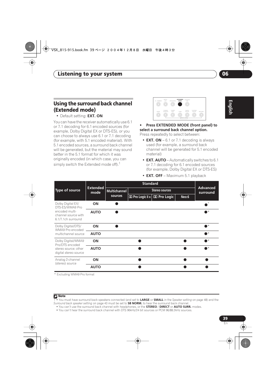 Using the surround back channel (extended mode), Listening to your system 06 | Pioneer 915 User Manual | Page 39 / 76