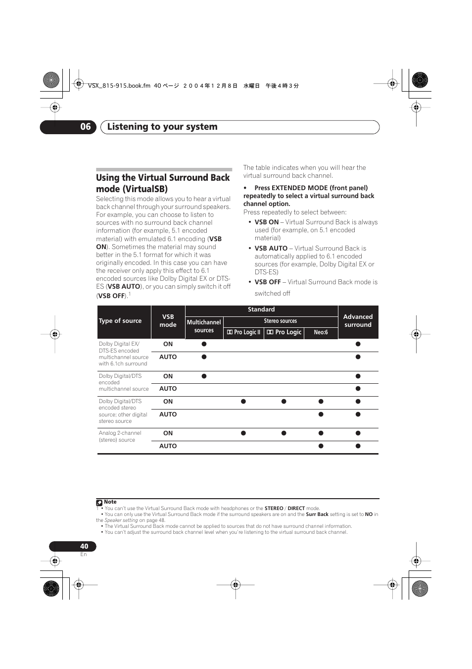 Using the virtual surround back mode (virtualsb), Listening to your system 06 | Pioneer 915 User Manual | Page 40 / 76