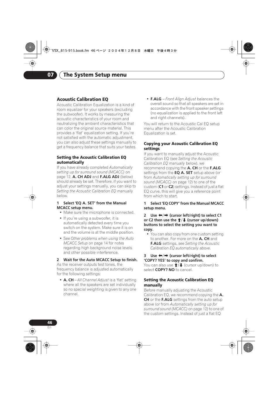 Acoustic calibration eq, The system setup menu 07 | Pioneer 915 User Manual | Page 46 / 76