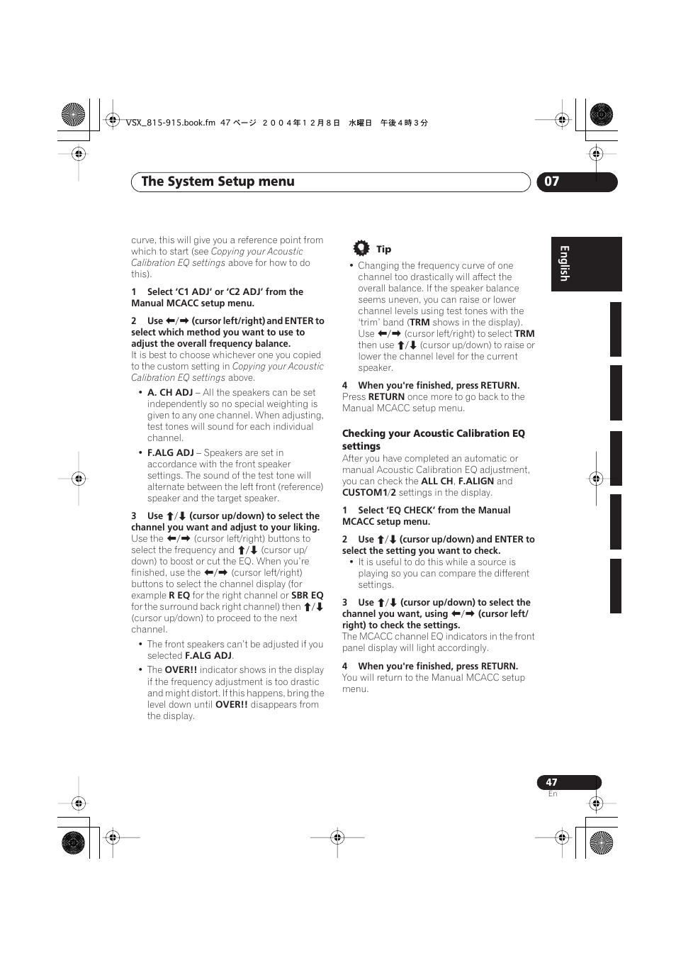 The system setup menu 07 | Pioneer 915 User Manual | Page 47 / 76
