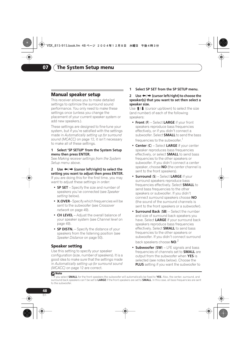 Manual speaker setup, Speaker setting, The system setup menu 07 | Pioneer 915 User Manual | Page 48 / 76