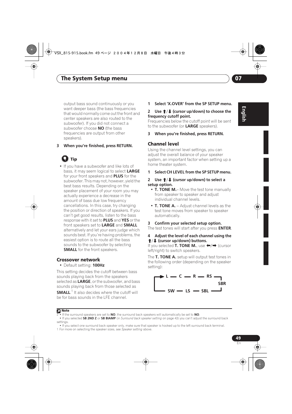 Crossover network, Channel level, The system setup menu 07 | Pioneer 915 User Manual | Page 49 / 76