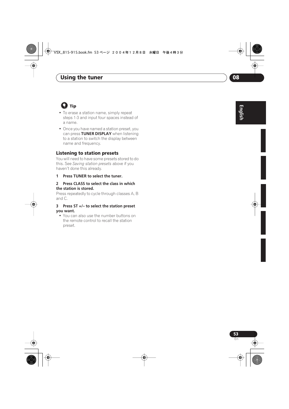 Listening to station presets, Using the tuner 08 | Pioneer 915 User Manual | Page 53 / 76