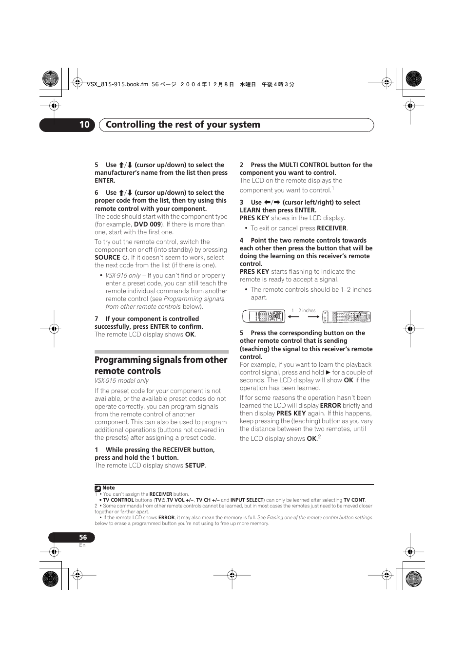Programming signals from other remote controls, Controlling the rest of your system 10 | Pioneer 915 User Manual | Page 56 / 76