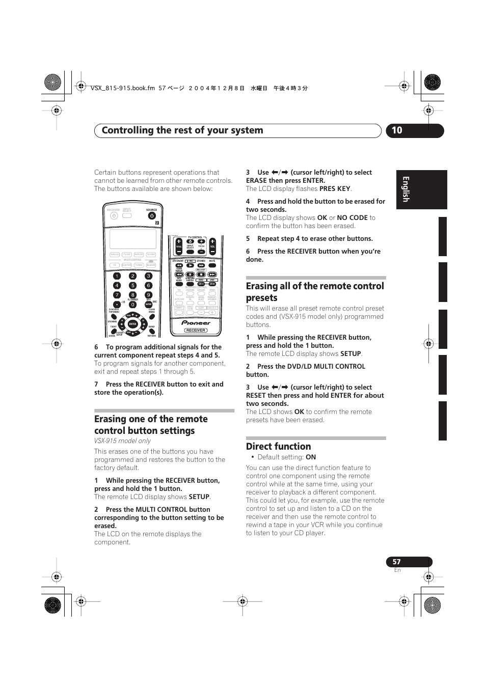Erasing one of the remote control button settings, Erasing all of the remote control presets, Direct function | Controlling the rest of your system 10 | Pioneer 915 User Manual | Page 57 / 76