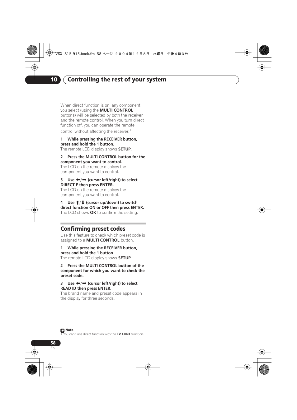 Confirming preset codes, Controlling the rest of your system 10 | Pioneer 915 User Manual | Page 58 / 76