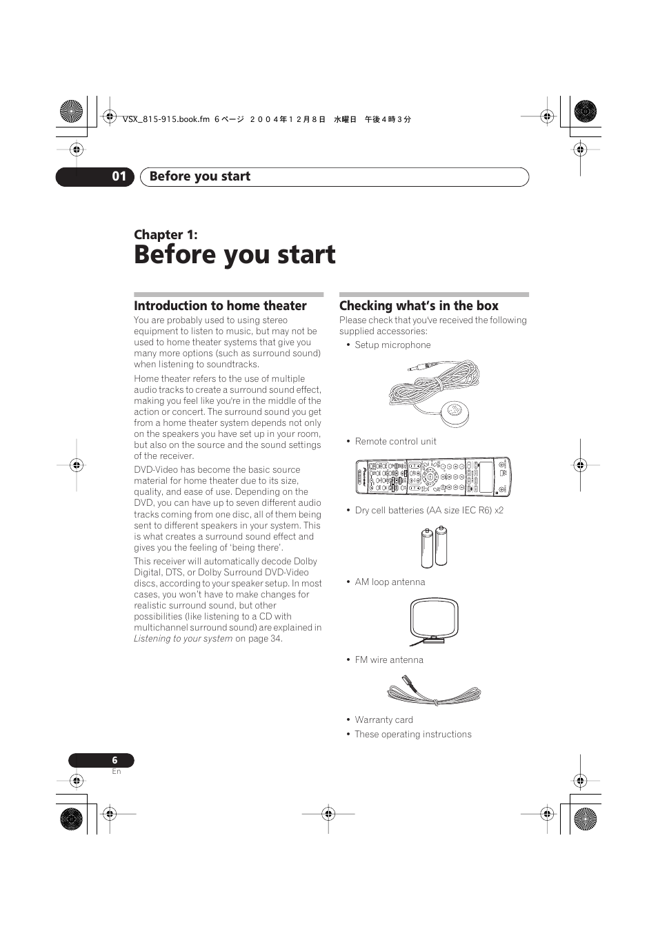 01 before you start, Introduction to home theater, Checking what’s in the box | Before you start, Before you start 01, Chapter 1, Listening to your system, On page 34 | Pioneer 915 User Manual | Page 6 / 76