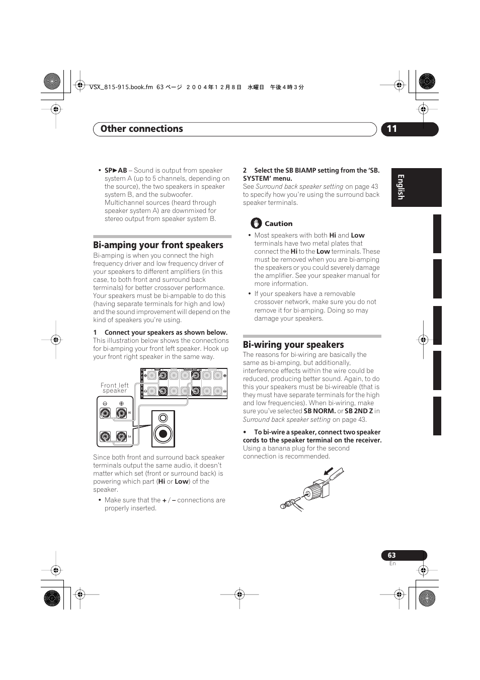 Bi-amping your front speakers, Bi-wiring your speakers, Other connections 11 | Pioneer 915 User Manual | Page 63 / 76