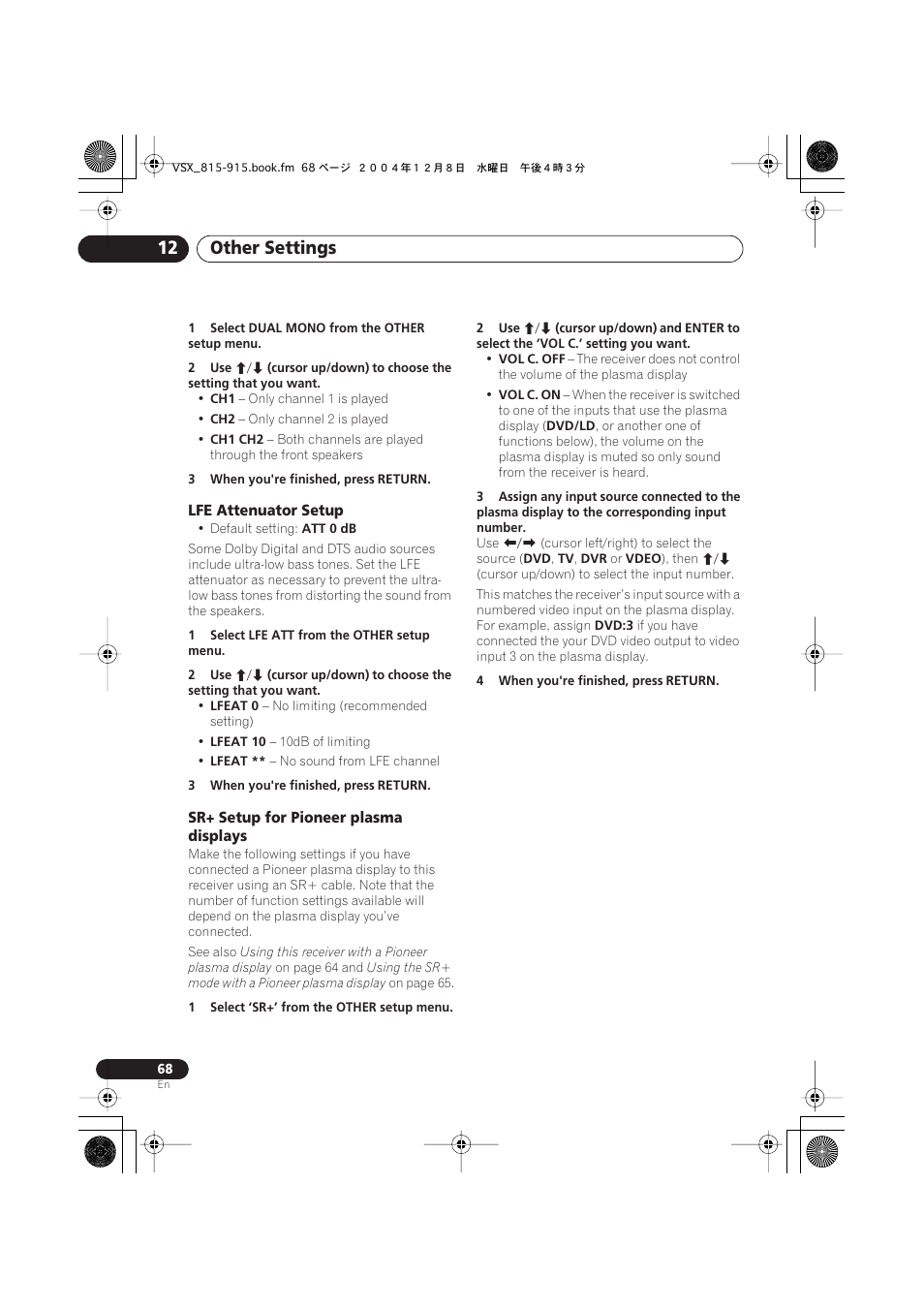 Lfe attenuator setup, Sr+ setup for pioneer plasma displays, Other settings 12 | Pioneer 915 User Manual | Page 68 / 76