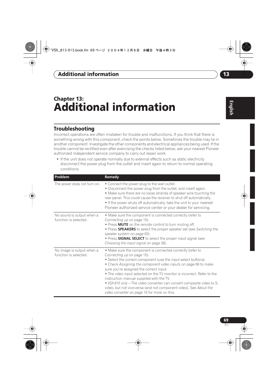 13 additional information, Troubleshooting, Additional information | Additional information 13, Chapter 13 | Pioneer 915 User Manual | Page 69 / 76