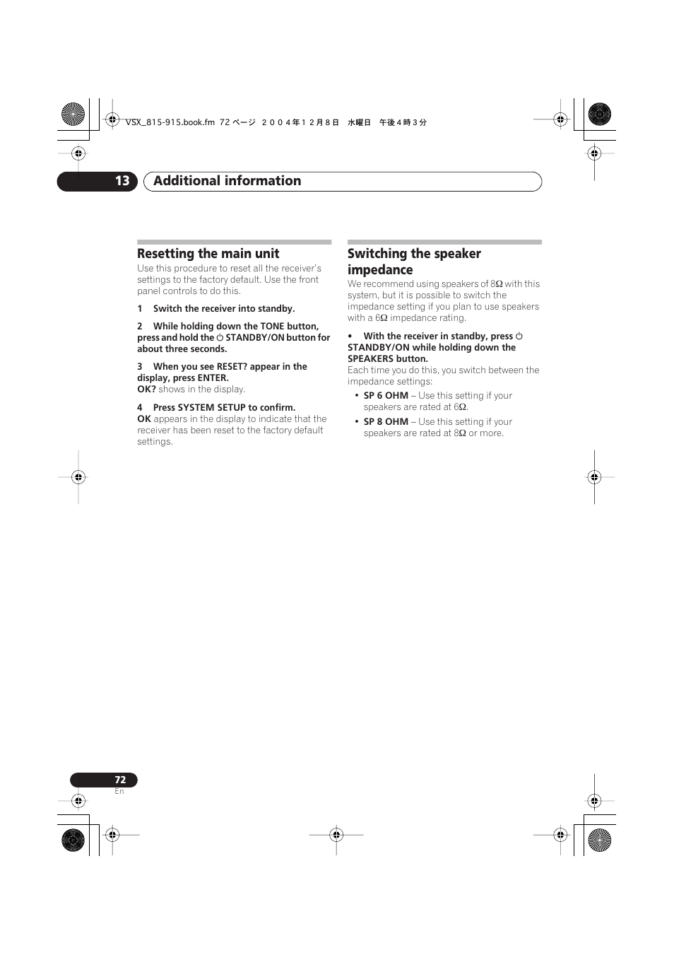 Resetting the main unit, Switching the speaker impedance, Additional information 13 | Pioneer 915 User Manual | Page 72 / 76