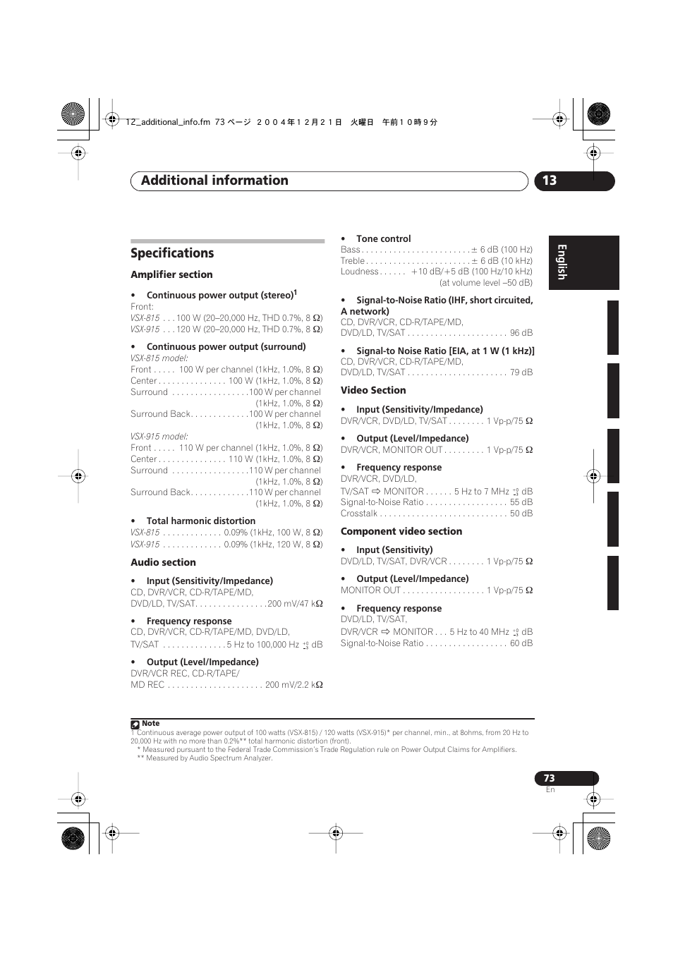 Specifications, Additional information 13 | Pioneer 915 User Manual | Page 73 / 76