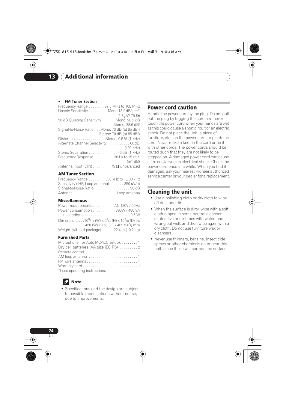 Power cord caution, Cleaning the unit, Additional information 13 | Pioneer 915 User Manual | Page 74 / 76