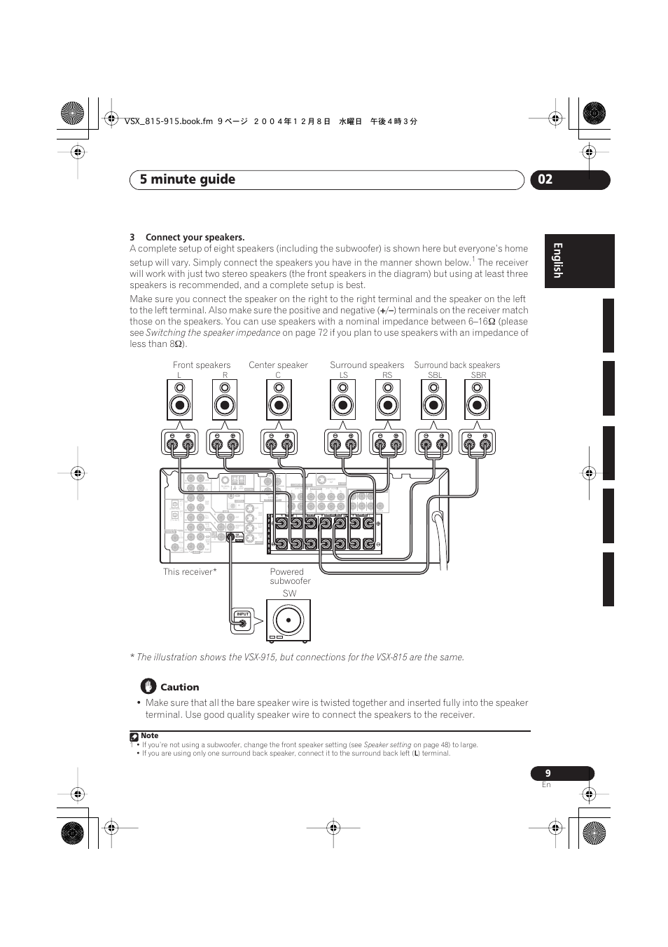 5 minute guide 02, 3connect your speakers, Please see | Switching the speaker impedance, Caution, Front speakers, Surround back speakers center speaker, Lr c ls rs, Sbl sbr | Pioneer 915 User Manual | Page 9 / 76