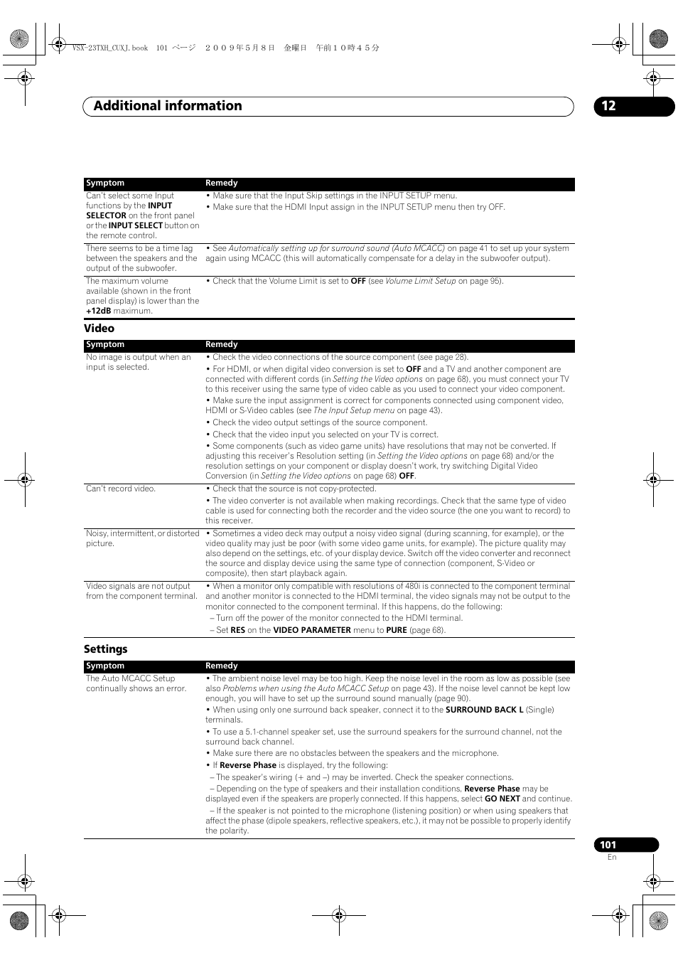 Video, Settings, Video settings | Additional information 12 | Pioneer Elite VSX-23TXH User Manual | Page 101 / 123