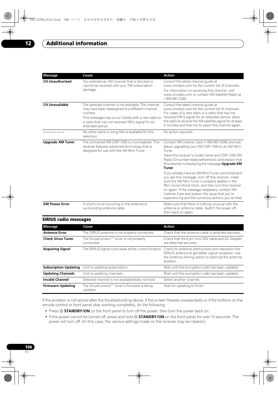 Sirius radio messages, Additional information 12 | Pioneer Elite VSX-23TXH User Manual | Page 106 / 123