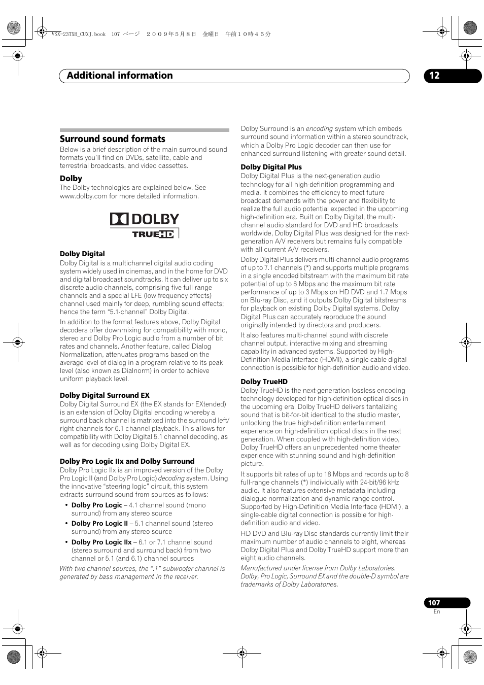 Surround sound formats, Dolby, Additional information 12 | Pioneer Elite VSX-23TXH User Manual | Page 107 / 123