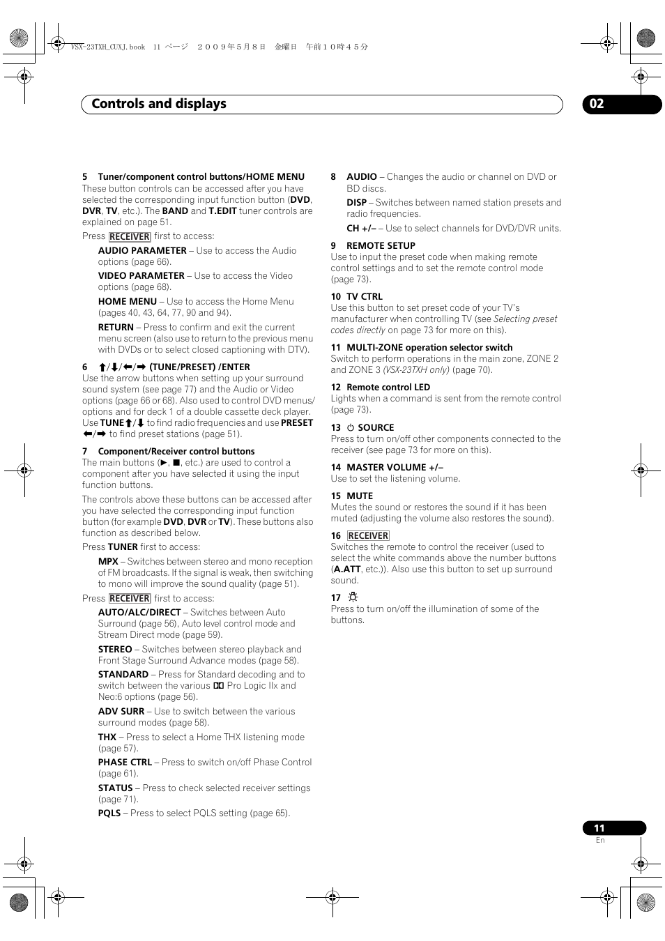 Controls and displays 02 | Pioneer Elite VSX-23TXH User Manual | Page 11 / 123