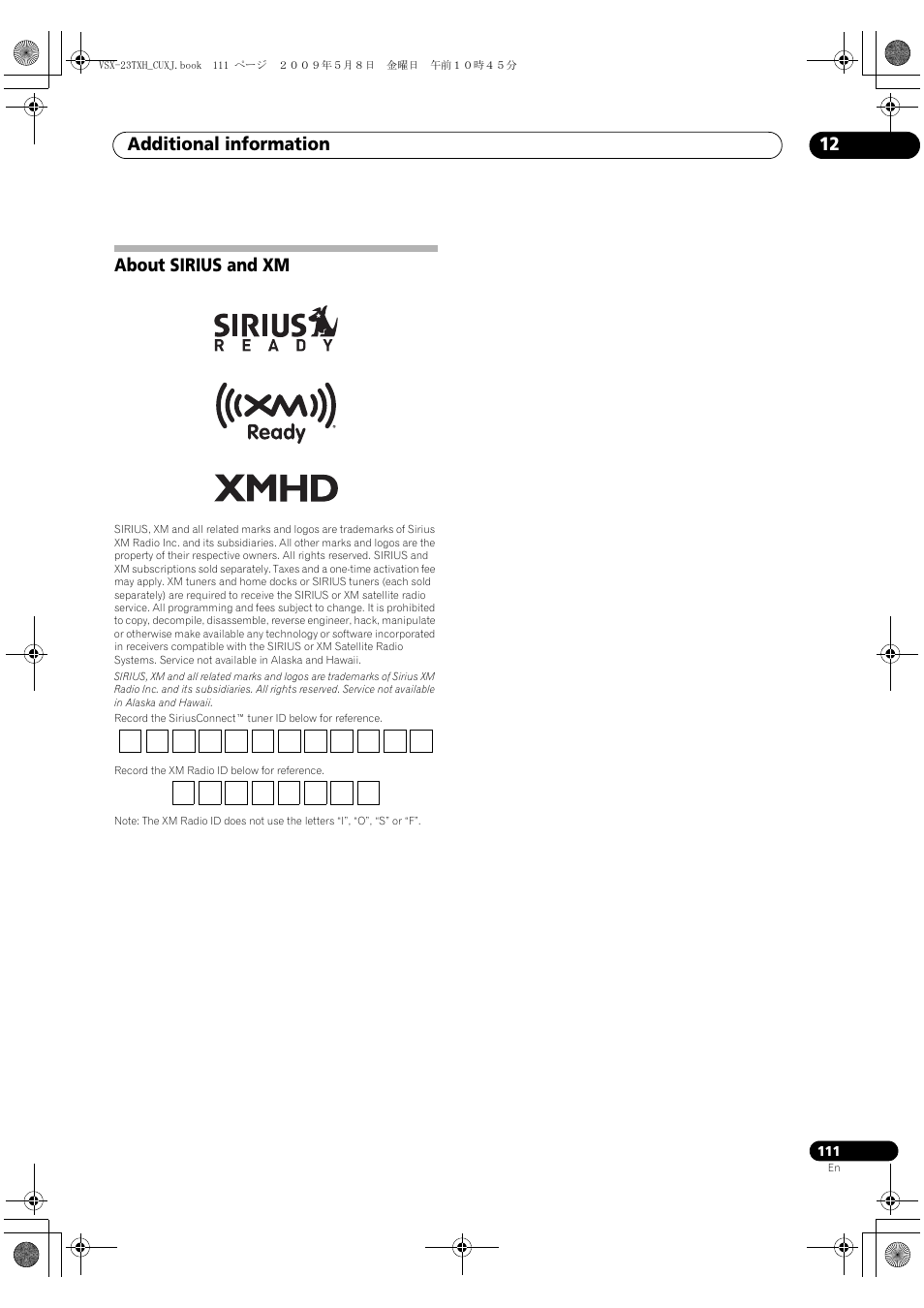 About sirius and xm, Additional information 12 | Pioneer Elite VSX-23TXH User Manual | Page 111 / 123