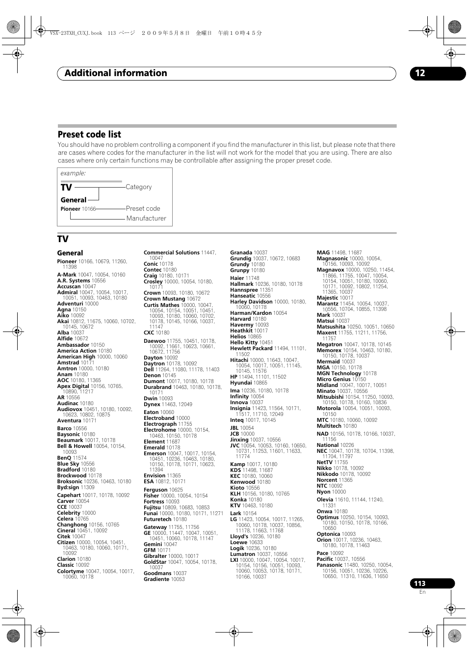 Preset code list, Additional information 12 | Pioneer Elite VSX-23TXH User Manual | Page 113 / 123