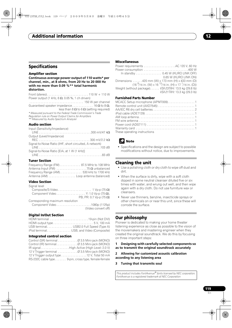 Specifications, Cleaning the unit, Our philosophy | Specifications cleaning the unit our philosophy, Additional information 12 | Pioneer Elite VSX-23TXH User Manual | Page 119 / 123