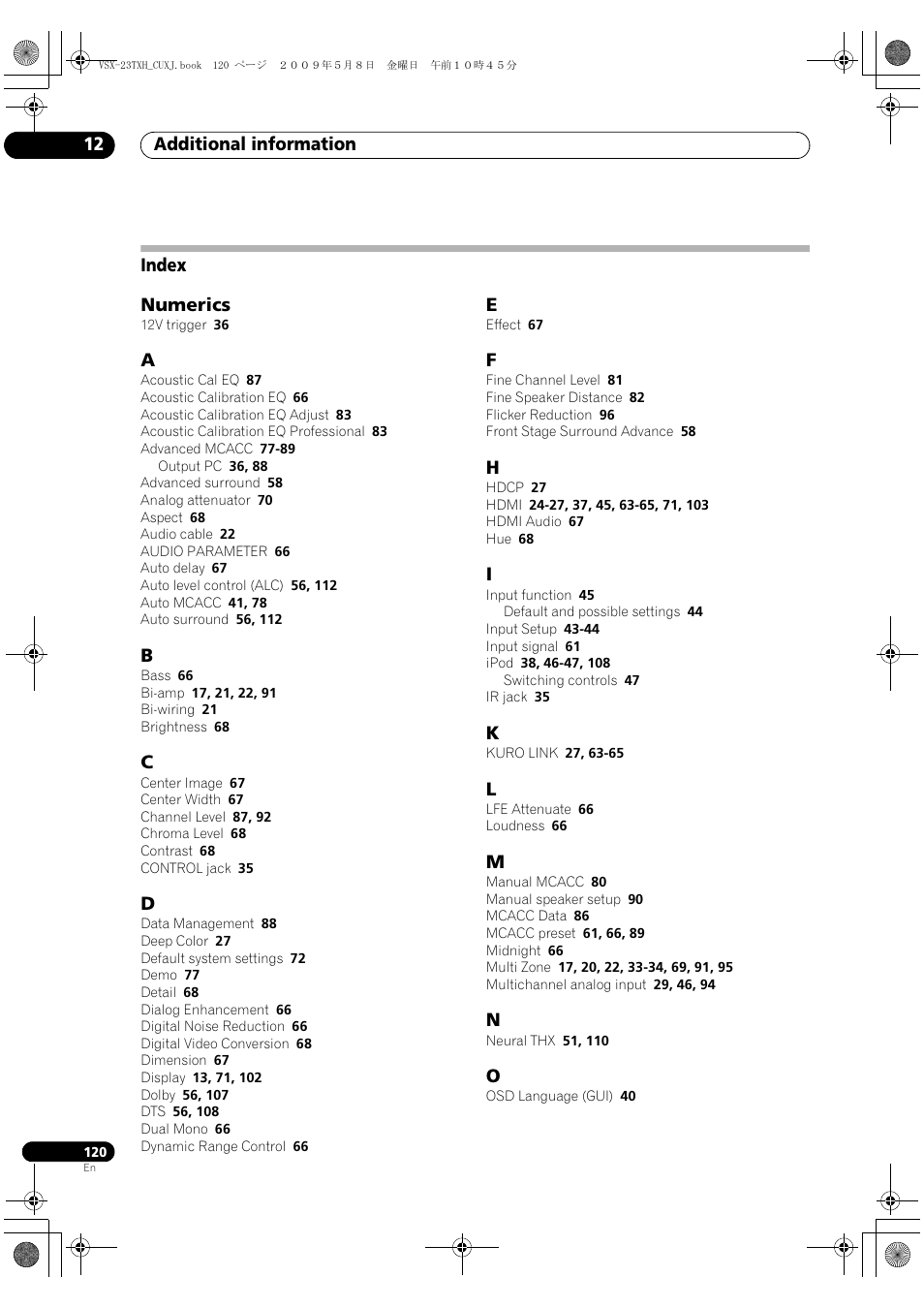 Index | Pioneer Elite VSX-23TXH User Manual | Page 120 / 123
