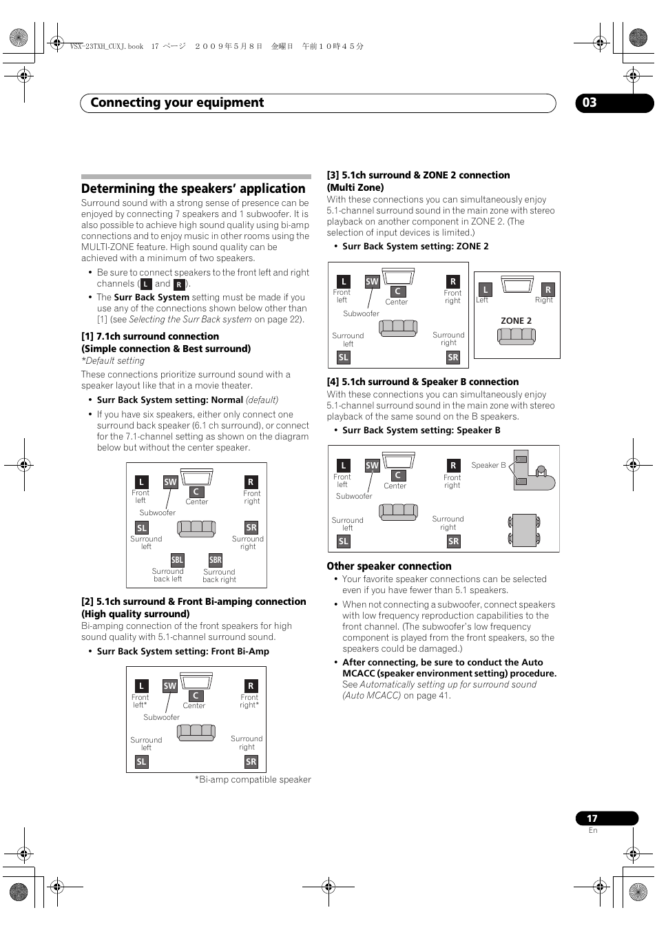 Determining the speakers’ application, Other speaker connection, Connecting your equipment 03 | Pioneer Elite VSX-23TXH User Manual | Page 17 / 123