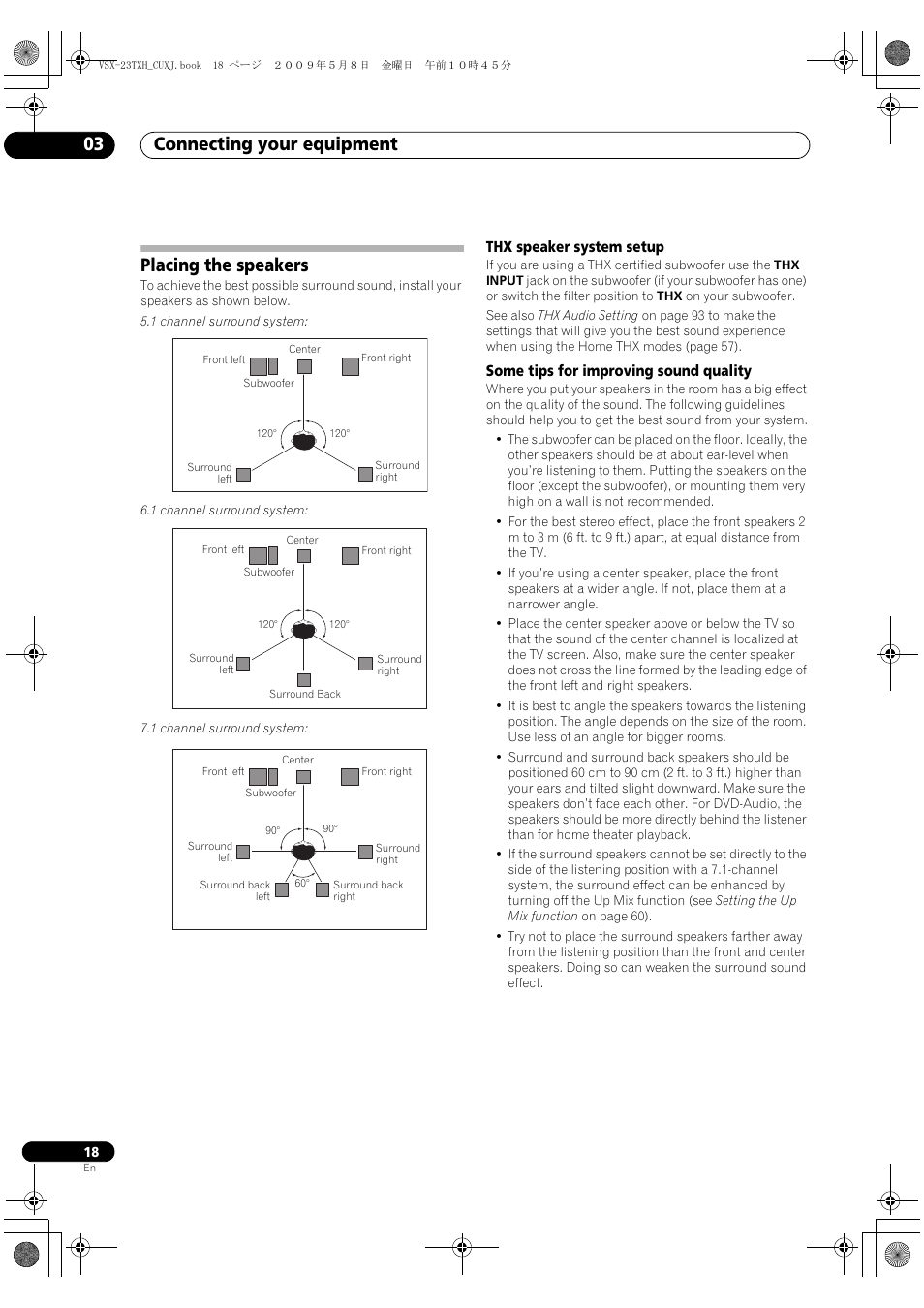 Placing the speakers, Thx speaker system setup, Some tips for improving sound quality | Connecting your equipment 03 | Pioneer Elite VSX-23TXH User Manual | Page 18 / 123