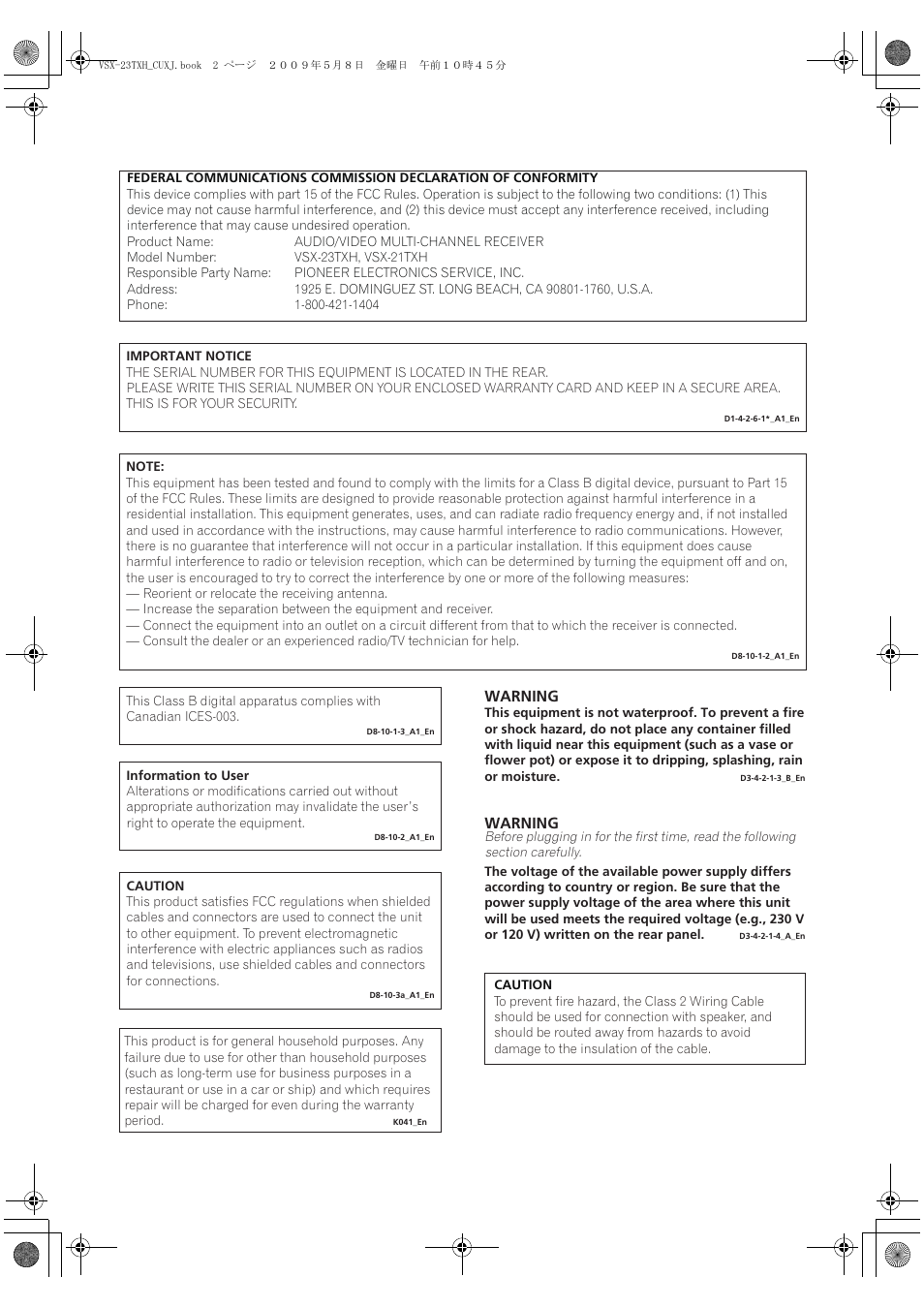 Warning | Pioneer Elite VSX-23TXH User Manual | Page 2 / 123