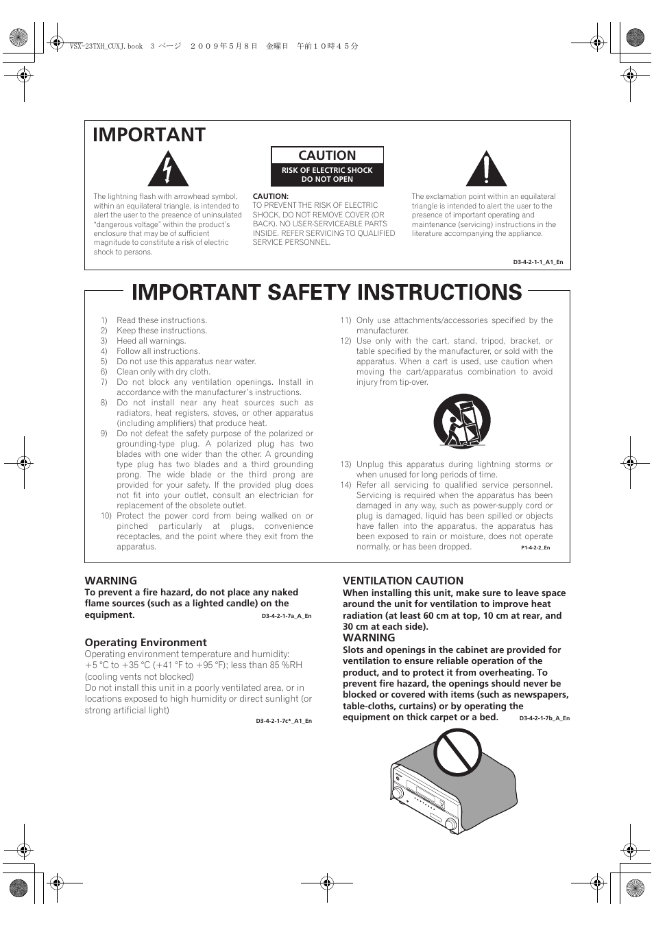 Important, Caution, Warning | Ventilation caution, Operating environment | Pioneer Elite VSX-23TXH User Manual | Page 3 / 123