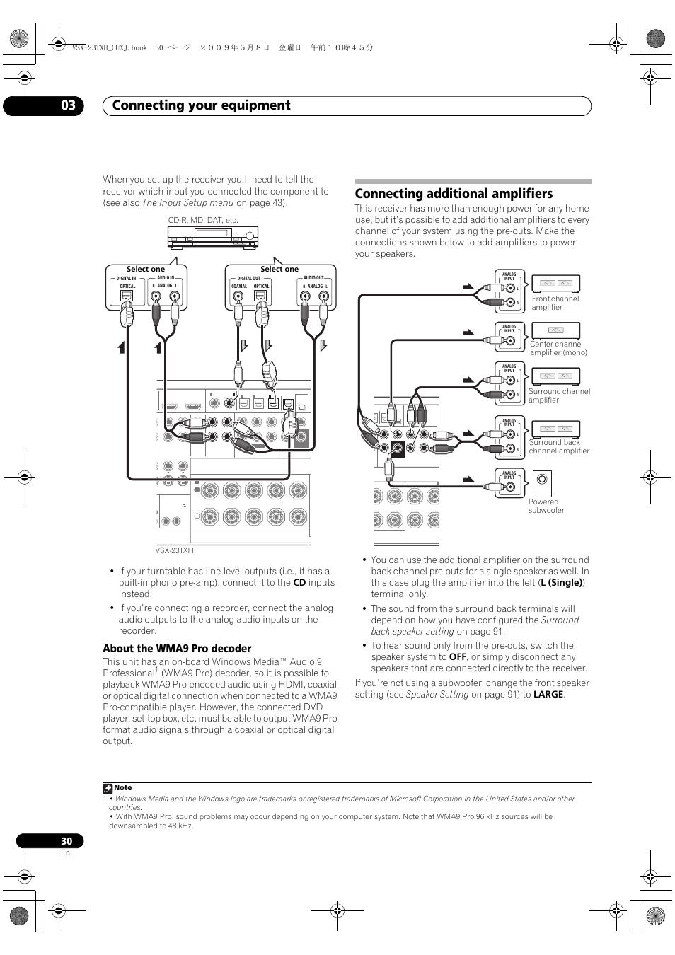 About the wma9 pro decoder, Connecting additional amplifiers, Connecting your equipment 03 | Pioneer Elite VSX-23TXH User Manual | Page 30 / 123