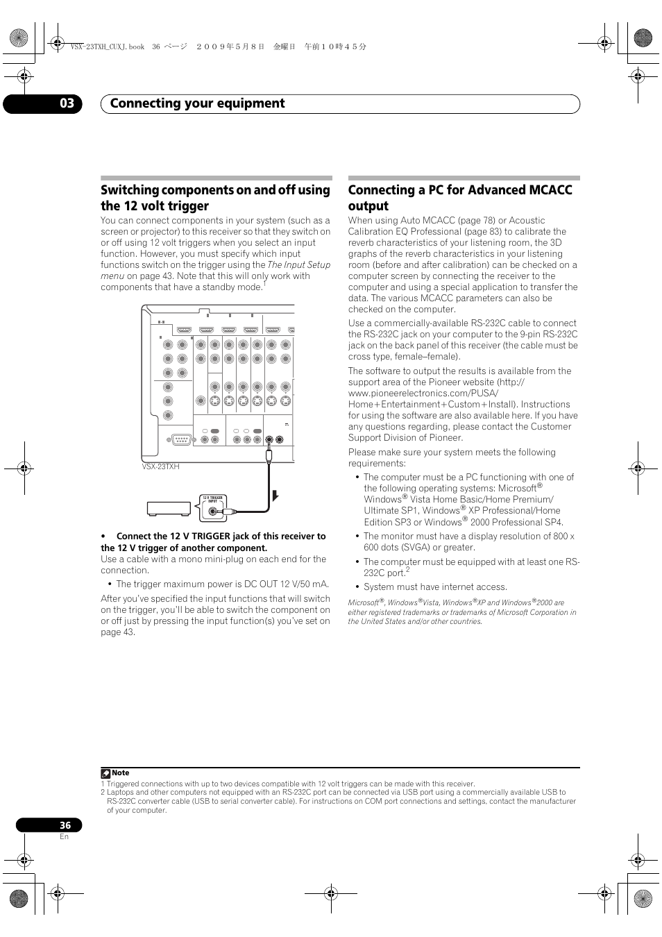 Connecting a pc for advanced mcacc output, Connecting your equipment 03, Windows | Xp professional/home edition sp3 or windows, System must have internet access, Microsoft, Vista, windows, Xp and windows | Pioneer Elite VSX-23TXH User Manual | Page 36 / 123