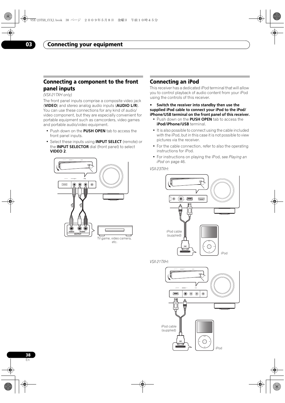 Connecting a component to the front panel inputs, Connecting an ipod, Connecting your equipment 03 | Vsx-21txh, Tv game, video camera, etc, Ipod ipod cable (supplied) | Pioneer Elite VSX-23TXH User Manual | Page 38 / 123