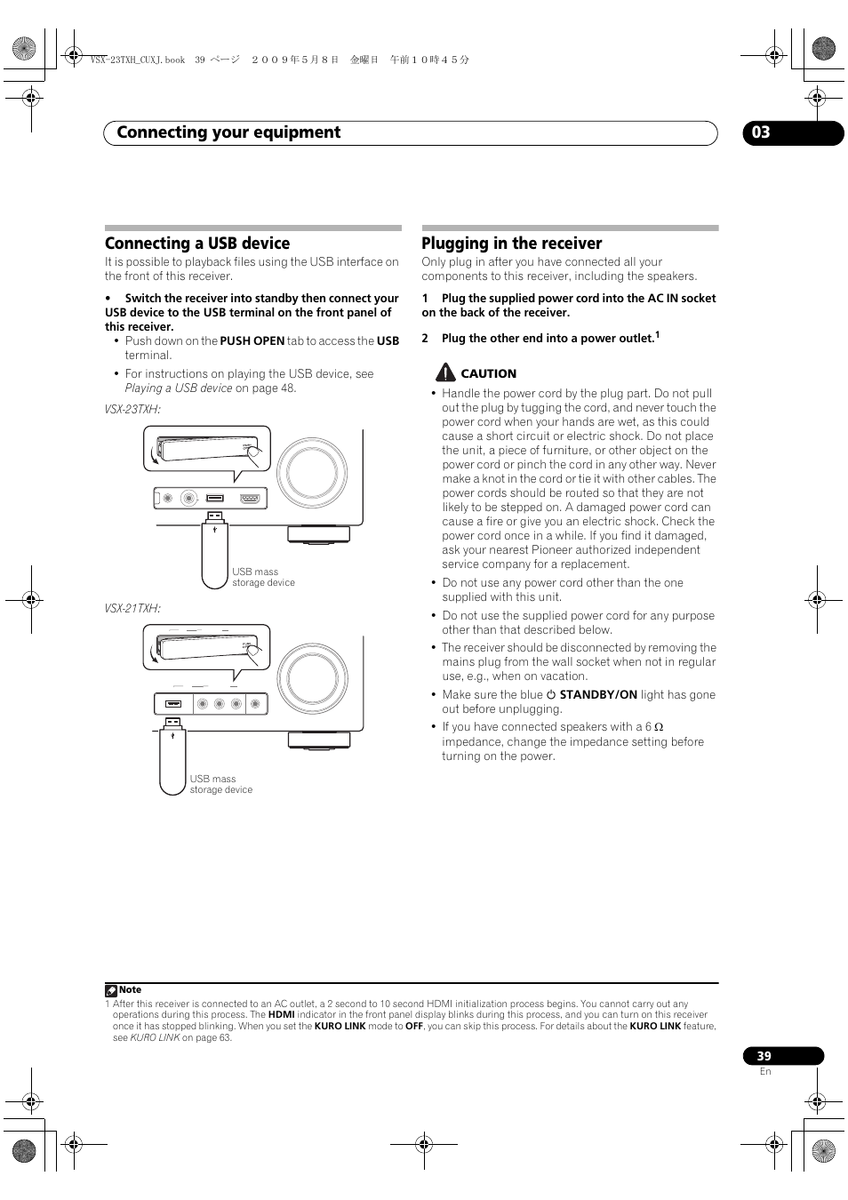 Connecting a usb device, Plugging in the receiver, Connecting a usb device plugging in the receiver | Connecting your equipment 03 | Pioneer Elite VSX-23TXH User Manual | Page 39 / 123