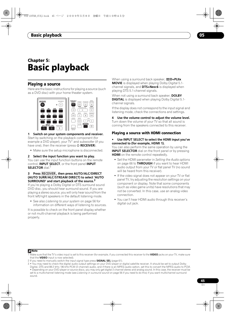 Basic playback, Playing a source, Playing a source with hdmi connection | Basic playback 05, Chapter 5 | Pioneer Elite VSX-23TXH User Manual | Page 45 / 123