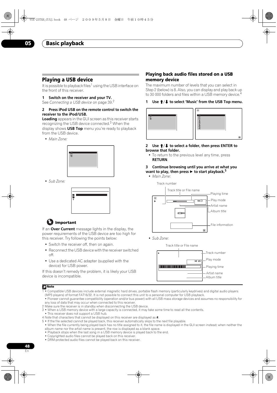 Playing a usb device, Basic playback 05, It is possible to playback files | 1use / to select ‘music’ from the usb top menu, Main zone: • sub zone | Pioneer Elite VSX-23TXH User Manual | Page 48 / 123