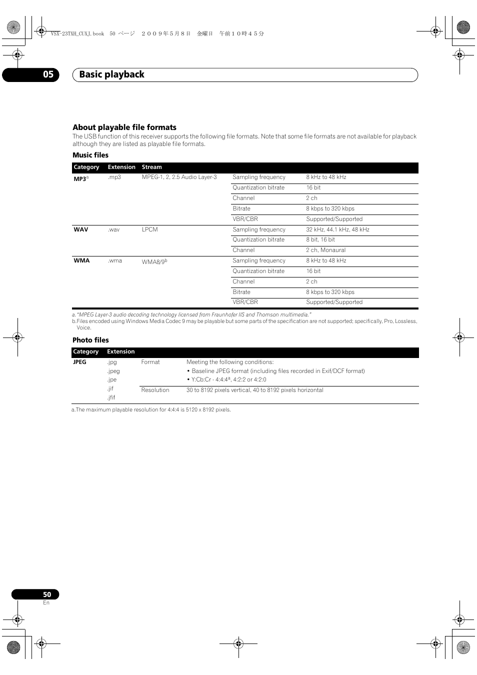 About playable file formats, Basic playback 05 | Pioneer Elite VSX-23TXH User Manual | Page 50 / 123