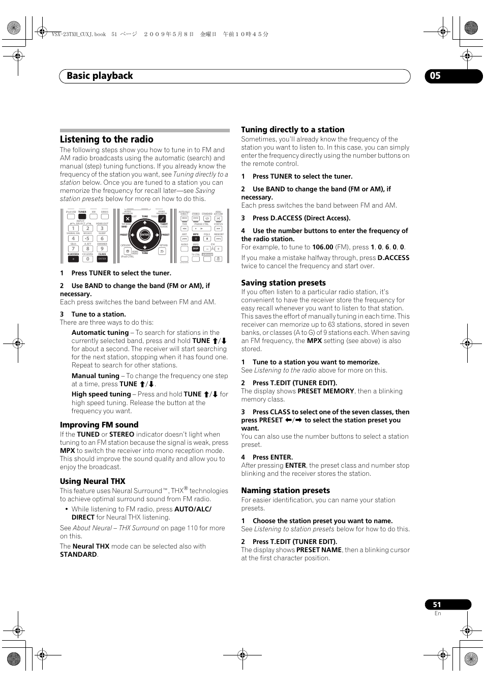 Listening to the radio, Improving fm sound, Using neural thx | Tuning directly to a station, Saving station presets, Naming station presets, Basic playback 05 | Pioneer Elite VSX-23TXH User Manual | Page 51 / 123