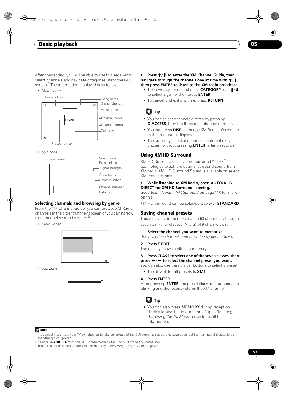Using xm hd surround, Saving channel presets, Using xm hd surround saving channel presets | Basic playback 05, Selecting channels and browsing by genre | Pioneer Elite VSX-23TXH User Manual | Page 53 / 123