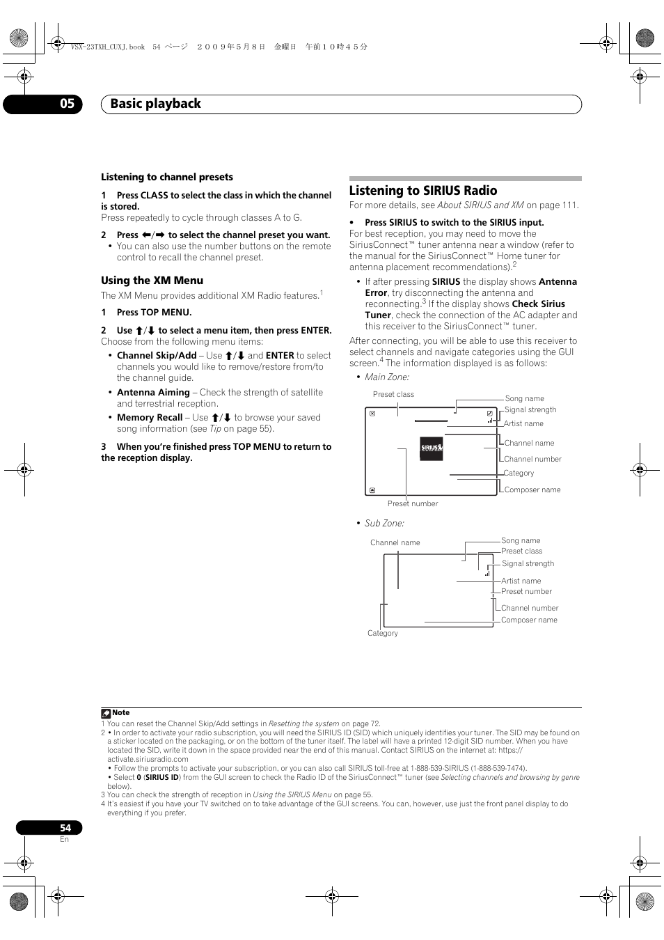 Using the xm menu, Listening to sirius radio, Basic playback 05 | Pioneer Elite VSX-23TXH User Manual | Page 54 / 123