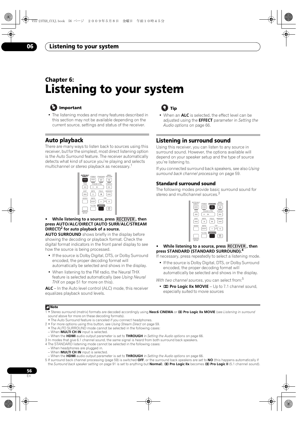 Listening to your system, Auto playback, Listening in surround sound | Standard surround sound, Auto playback listening in surround sound, Listening to your system 06, Chapter 6 | Pioneer Elite VSX-23TXH User Manual | Page 56 / 123