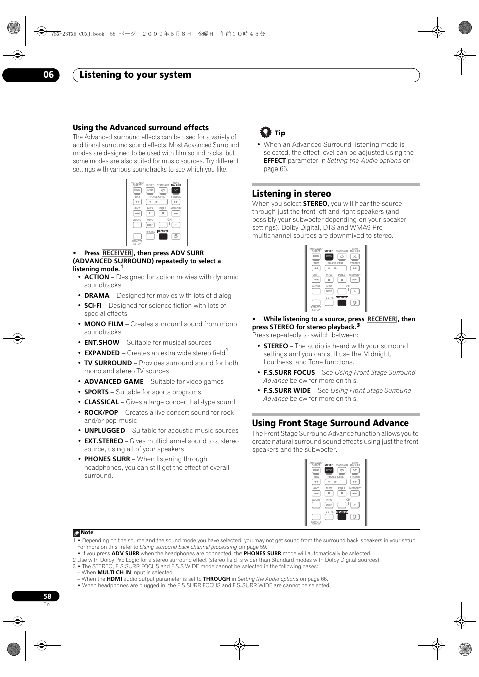 Using the advanced surround effects, Listening in stereo, Using front stage surround advance | Listening to your system 06, Receiver | Pioneer Elite VSX-23TXH User Manual | Page 58 / 123