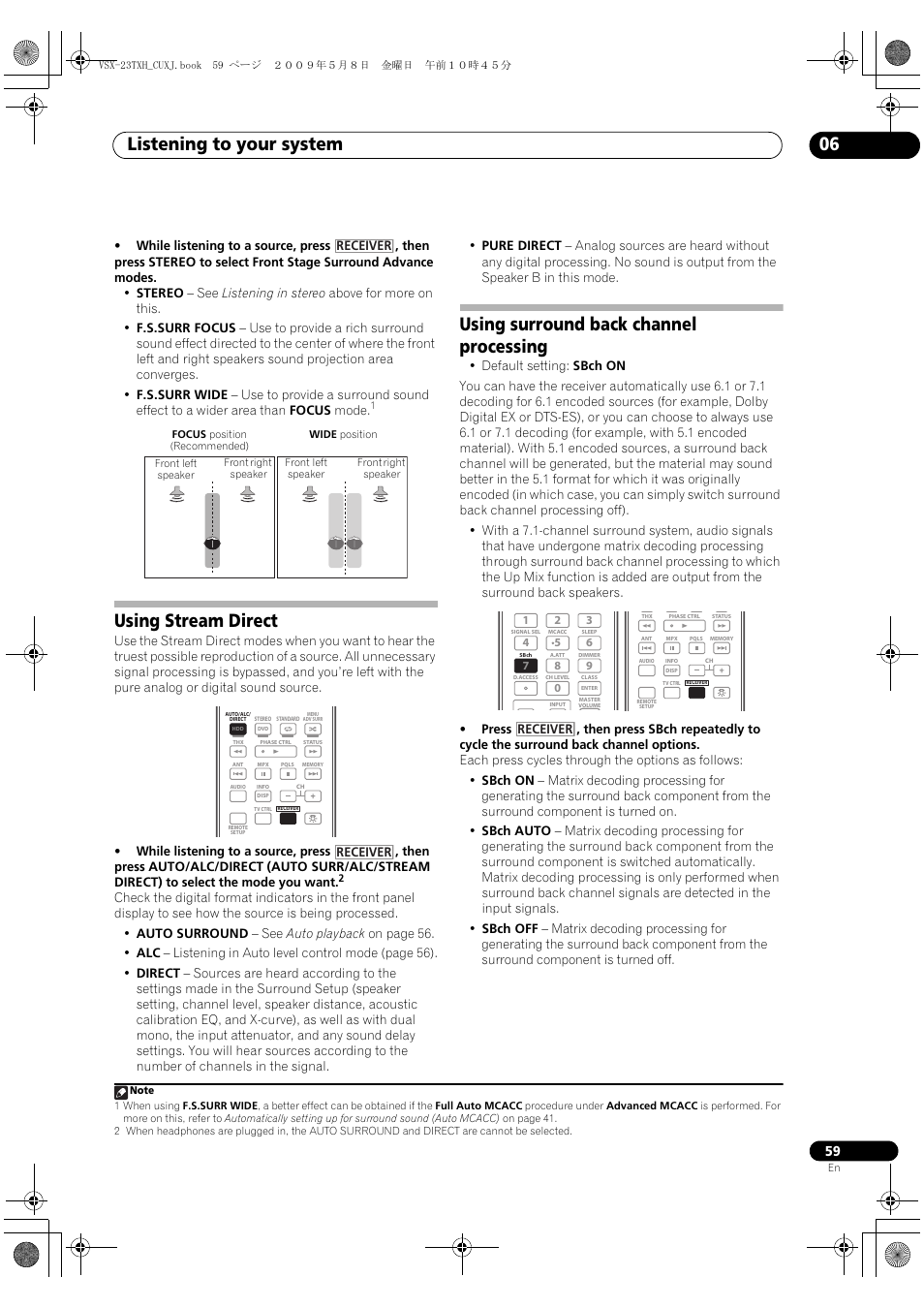 Using stream direct, Using surround back channel processing, Listening to your system 06 | Receiver | Pioneer Elite VSX-23TXH User Manual | Page 59 / 123