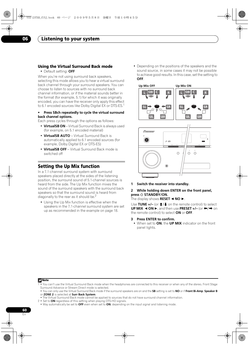 Using the virtual surround back mode, Setting the up mix function, Listening to your system 06 | Pioneer Elite VSX-23TXH User Manual | Page 60 / 123