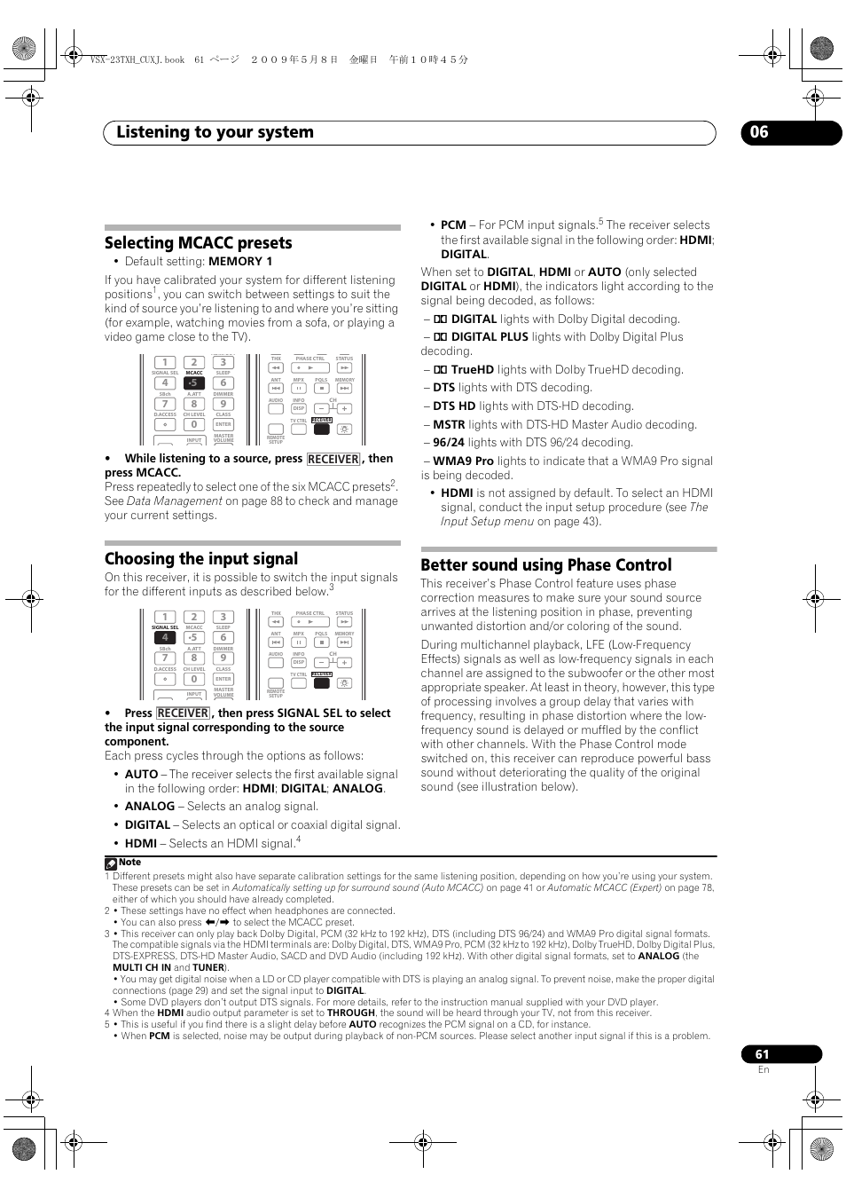 Selecting mcacc presets, Choosing the input signal, Better sound using phase control | Listening to your system 06 | Pioneer Elite VSX-23TXH User Manual | Page 61 / 123